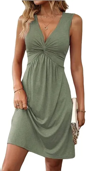 Summer Dresses for Women Front Knotted Sleeveless Tank Dress Dressy V Neck Maxi/Mini Dresses Beach Vacation Outfits