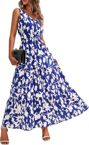 Summer Dresses for Women Sexy Sleeveless Long Maxi Dress Casual Bohemian Floral Dresses Beach Party Wedding Guest Dress
