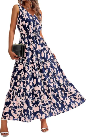 Summer Dresses for Women Sexy Sleeveless Long Maxi Dress Casual Bohemian Floral Dresses Beach Party Wedding Guest Dress