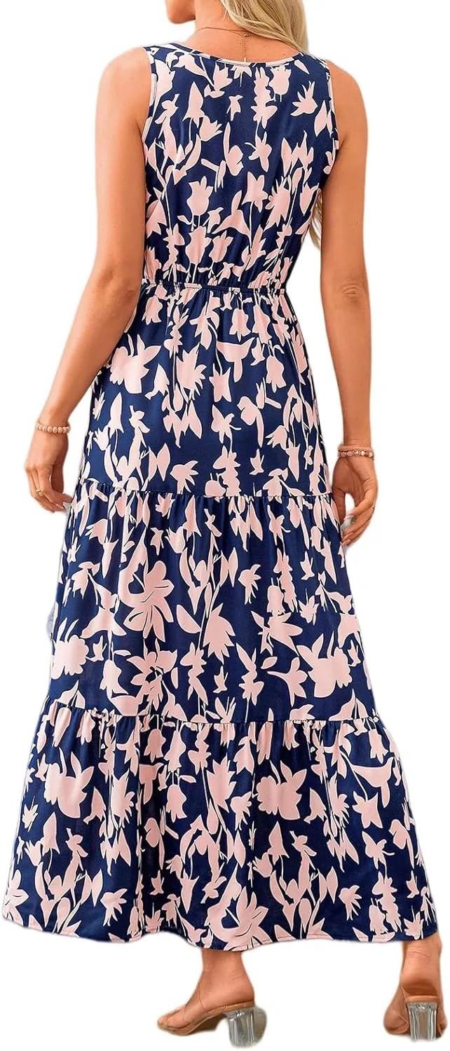 Summer Dresses for Women Sexy Sleeveless Long Maxi Dress Casual Bohemian Floral Dresses Beach Party Wedding Guest Dress