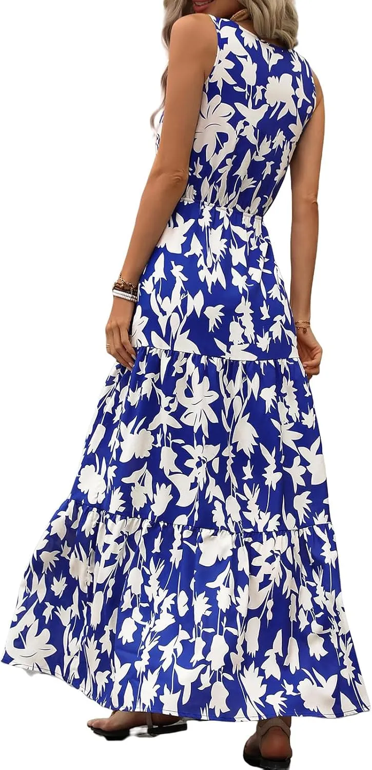 Summer Dresses for Women Sexy Sleeveless Long Maxi Dress Casual Bohemian Floral Dresses Beach Party Wedding Guest Dress