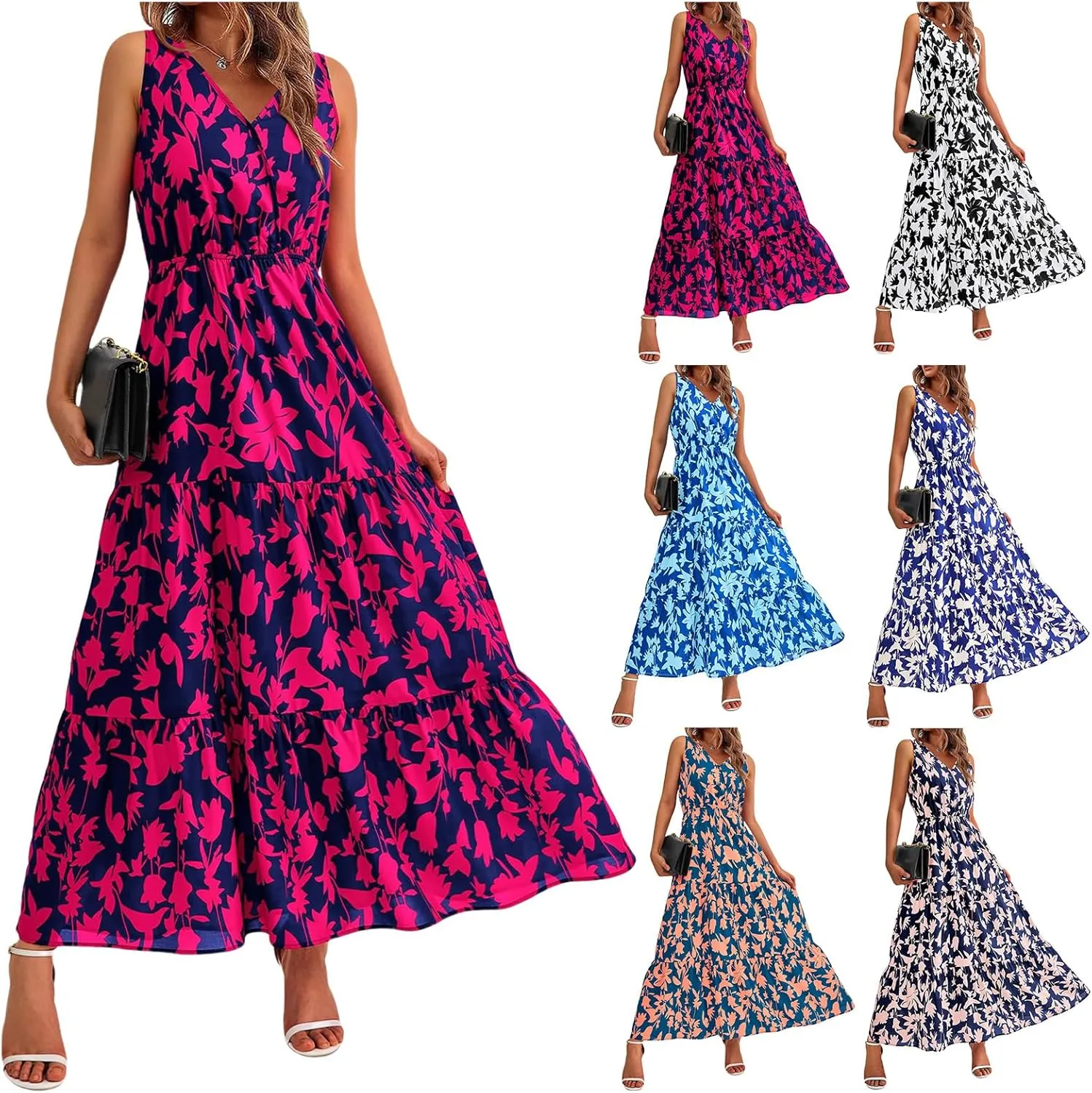 Summer Dresses for Women Sexy Sleeveless Long Maxi Dress Casual Bohemian Floral Dresses Beach Party Wedding Guest Dress