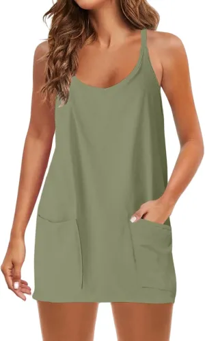 Summer Dresses for Women Sleeveless Mini Crew Neck Dress Spaghetti Strap Sundress Athletic Short Dress with Pockets