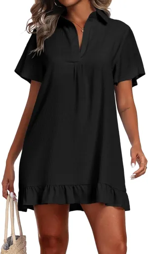 Summer Dresses for Women V Neck Short Sleeve Polo Dress Loose Casual Beach Dresses Ruffle Hem Sundresses