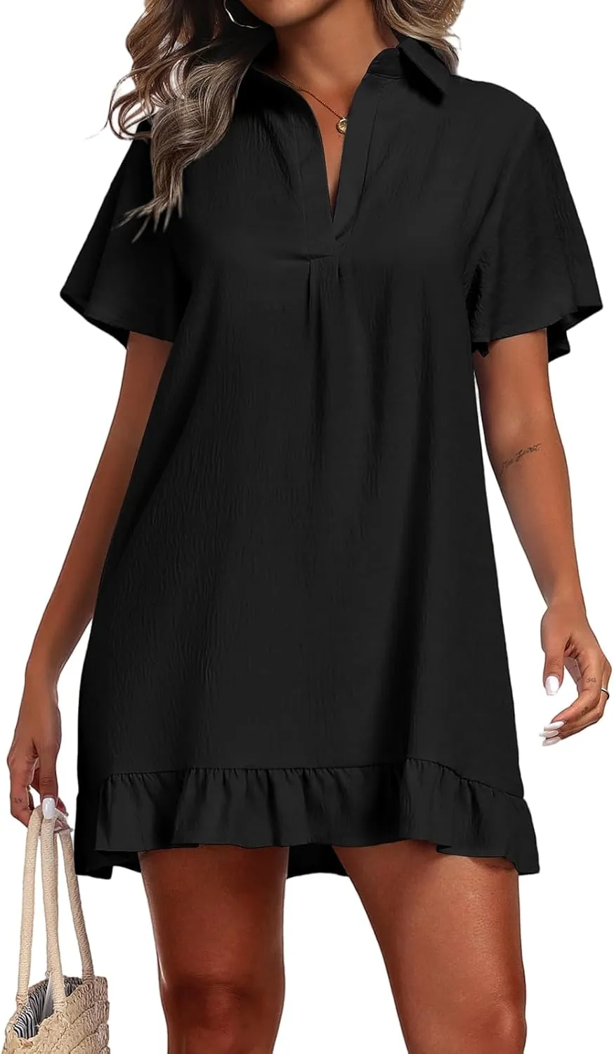 Summer Dresses for Women V Neck Short Sleeve Polo Dress Loose Casual Beach Dresses Ruffle Hem Sundresses