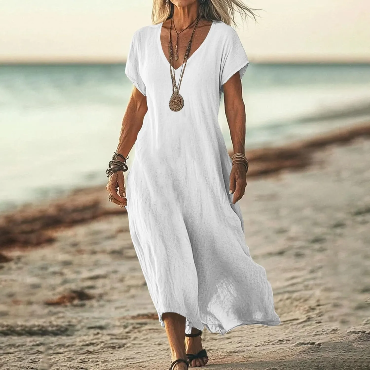 Summer Linen Dresses for Women 2025 Short Sleeve V Neck Shift Long Maxi Dresses Comfy Flowy Swing A Line Beach Dress
