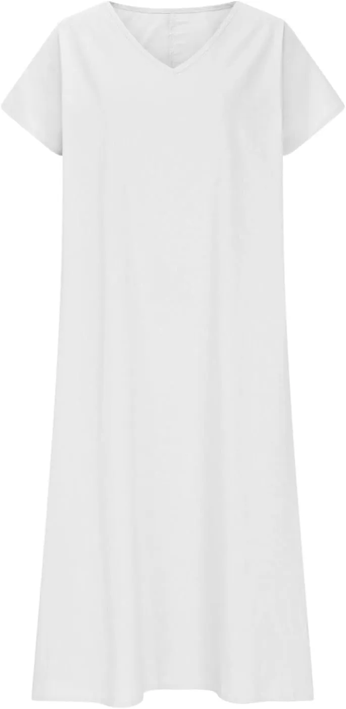 Summer Linen Dresses for Women 2025 Short Sleeve V Neck Shift Long Maxi Dresses Comfy Flowy Swing A Line Beach Dress