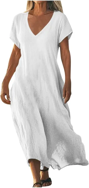 Summer Linen Dresses for Women 2025 Short Sleeve V Neck Shift Long Maxi Dresses Comfy Flowy Swing A Line Beach Dress
