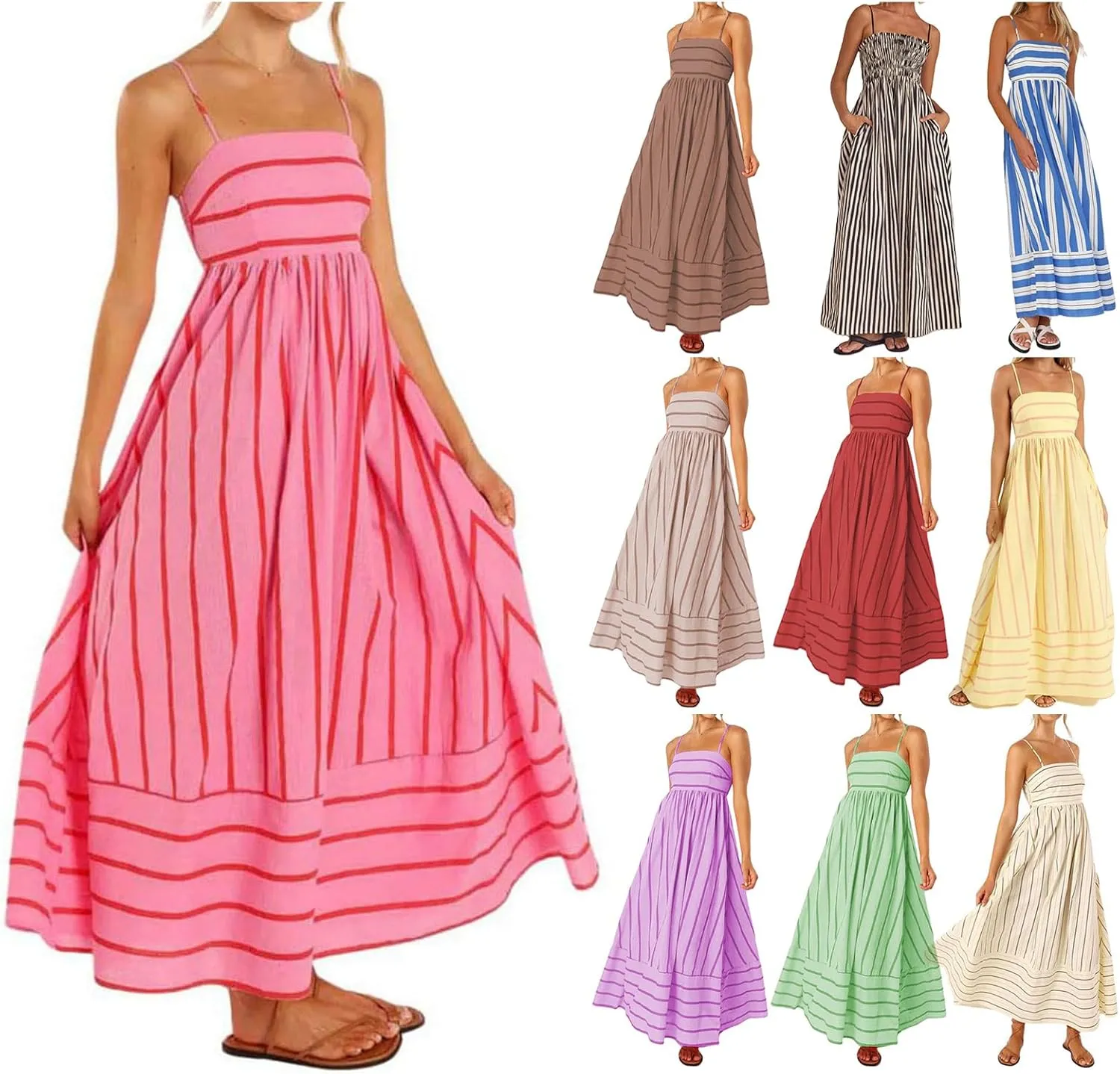 Summer Maxi Dress for Women Casual Sleeveless Spaghetti Strap Square Neck Dresses Flowy Striped Backless Sundress