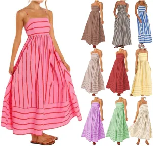 Summer Maxi Dress for Women Casual Sleeveless Spaghetti Strap Square Neck Dresses Flowy Striped Backless Sundress