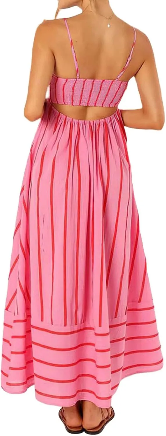 Summer Maxi Dress for Women Casual Sleeveless Spaghetti Strap Square Neck Dresses Flowy Striped Backless Sundress
