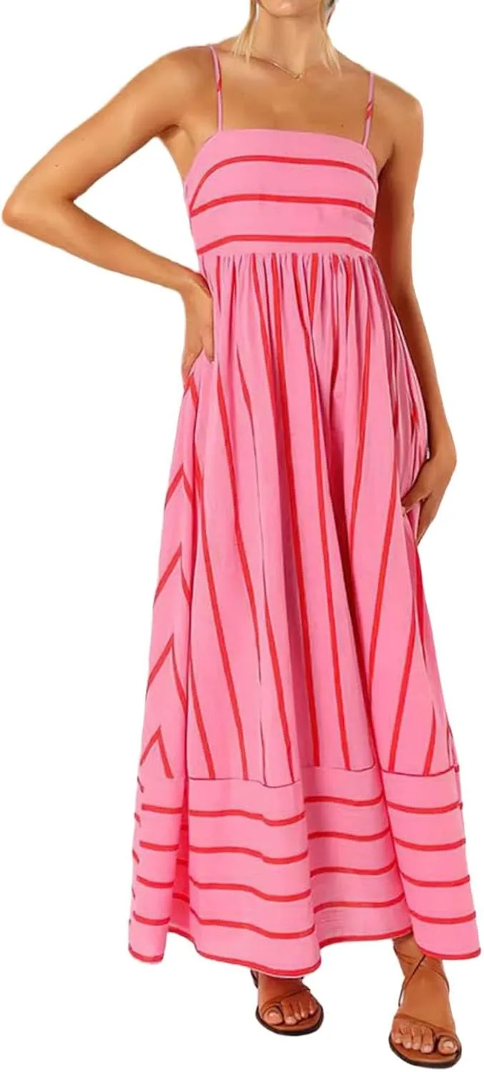 Summer Maxi Dress for Women Casual Sleeveless Spaghetti Strap Square Neck Dresses Flowy Striped Backless Sundress