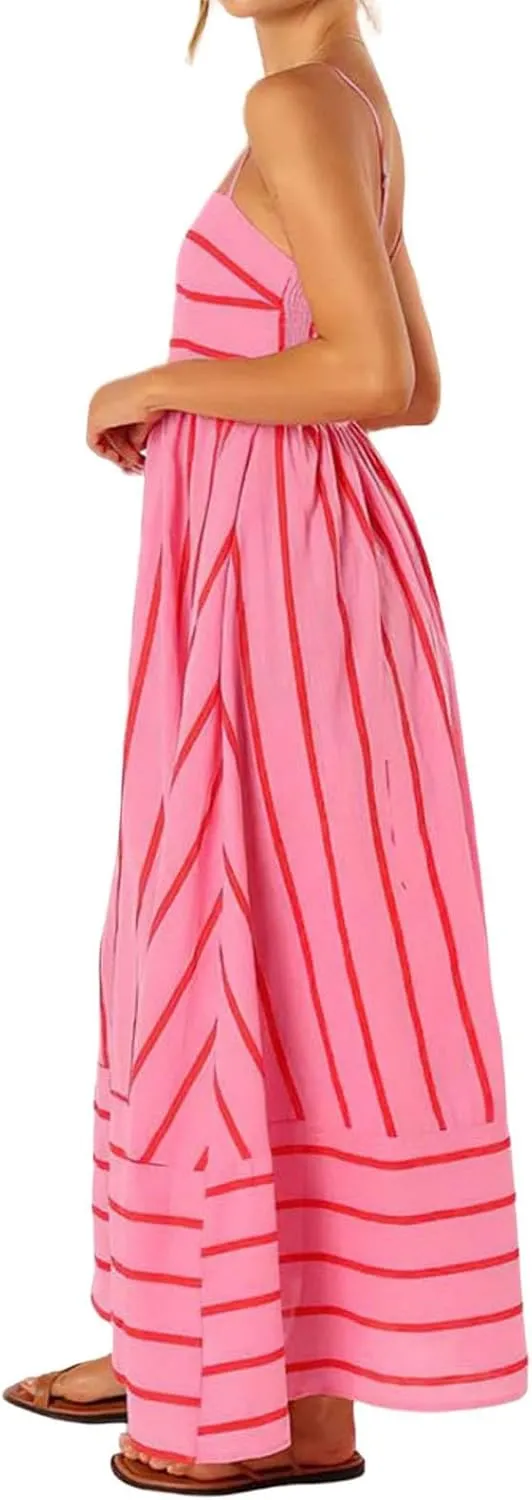 Summer Maxi Dress for Women Casual Sleeveless Spaghetti Strap Square Neck Dresses Flowy Striped Backless Sundress