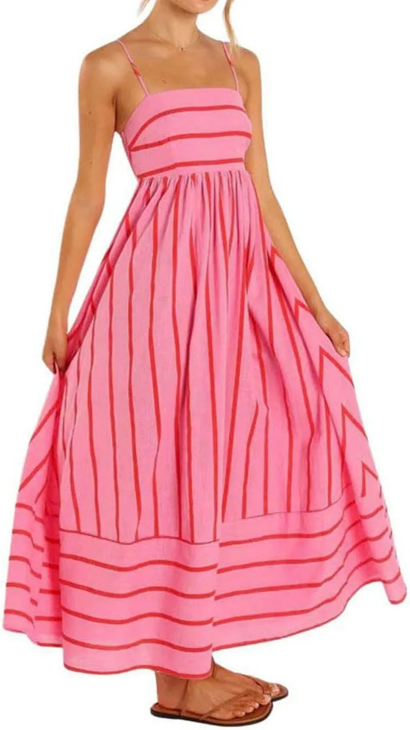 Summer Maxi Dress for Women Casual Sleeveless Spaghetti Strap Square Neck Dresses Flowy Striped Backless Sundress