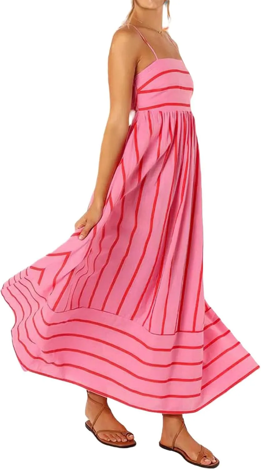 Summer Maxi Dress for Women Casual Sleeveless Spaghetti Strap Square Neck Dresses Flowy Striped Backless Sundress