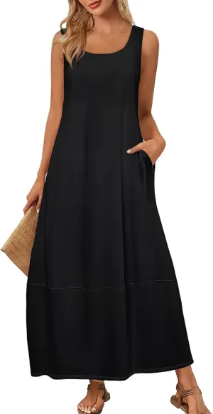 Summer Maxi Dresses for Women 2025 Beach Vacation Sundress Boho Sleeveless Scoop Neck Loose Tank Dress