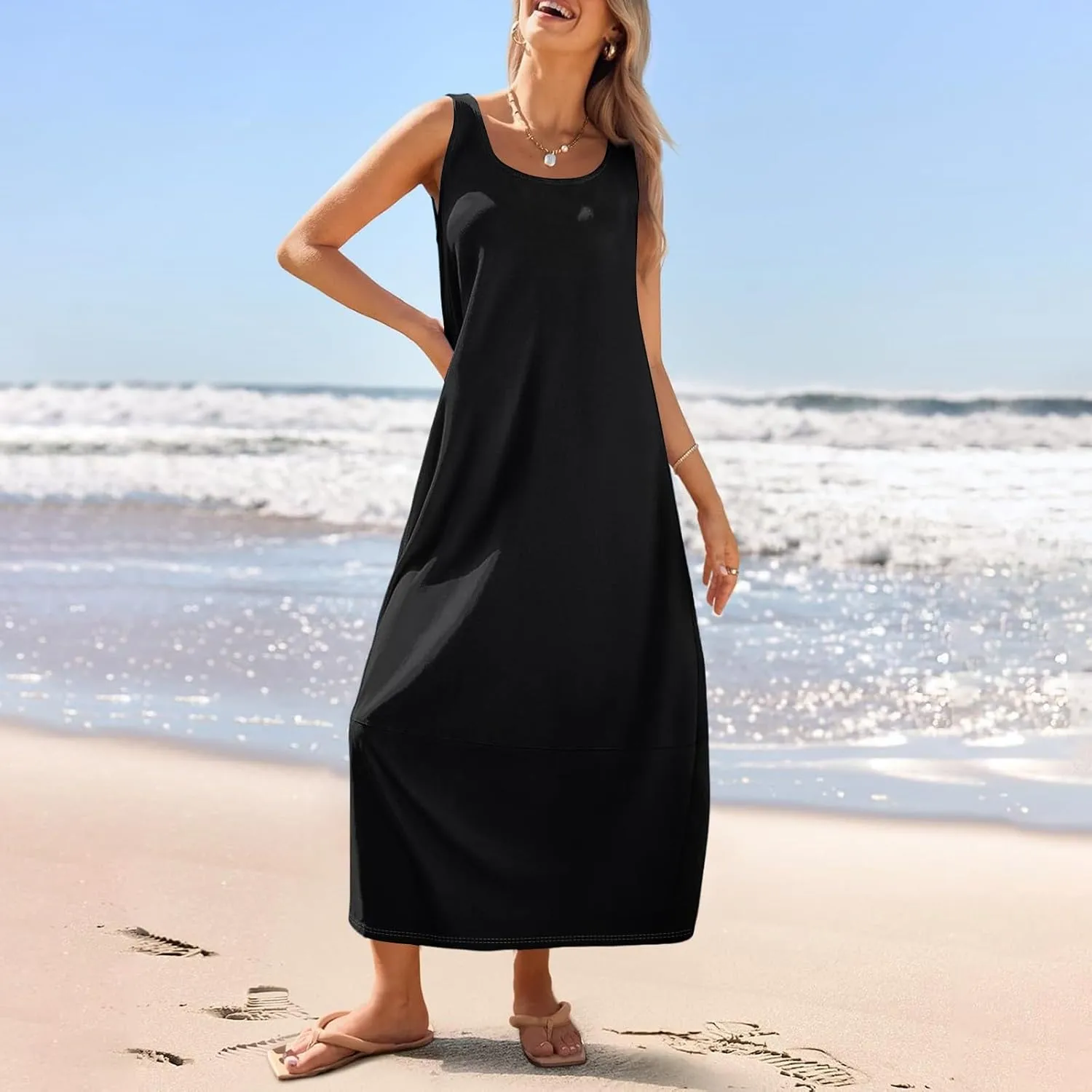 Summer Maxi Dresses for Women 2025 Beach Vacation Sundress Boho Sleeveless Scoop Neck Loose Tank Dress