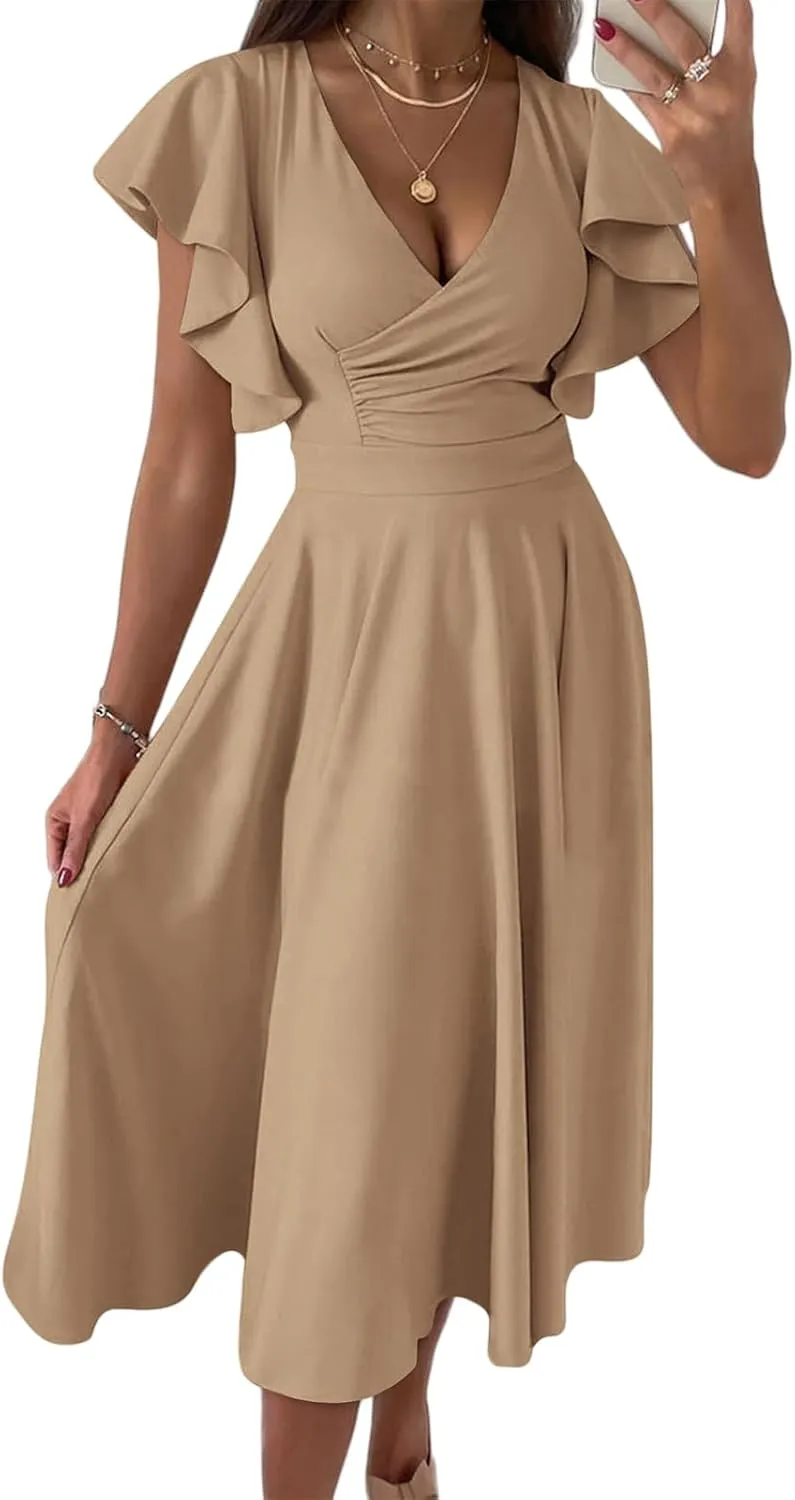 Summer Midi Dresses for Women V Neck Elegant Party Dress Short Sleeve A Line Dress Cocktail Wedding Guest Sundress