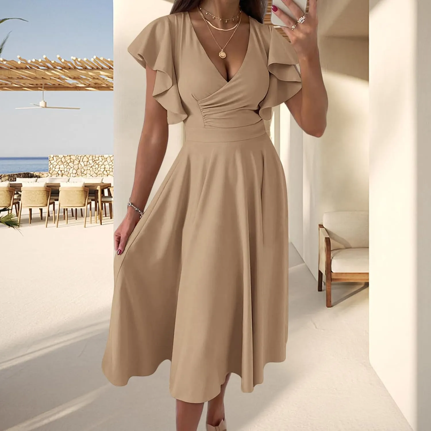 Summer Midi Dresses for Women V Neck Elegant Party Dress Short Sleeve A Line Dress Cocktail Wedding Guest Sundress