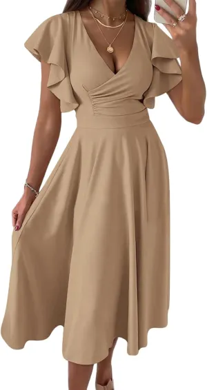 Summer Midi Dresses for Women V Neck Elegant Party Dress Short Sleeve A Line Dress Cocktail Wedding Guest Sundress