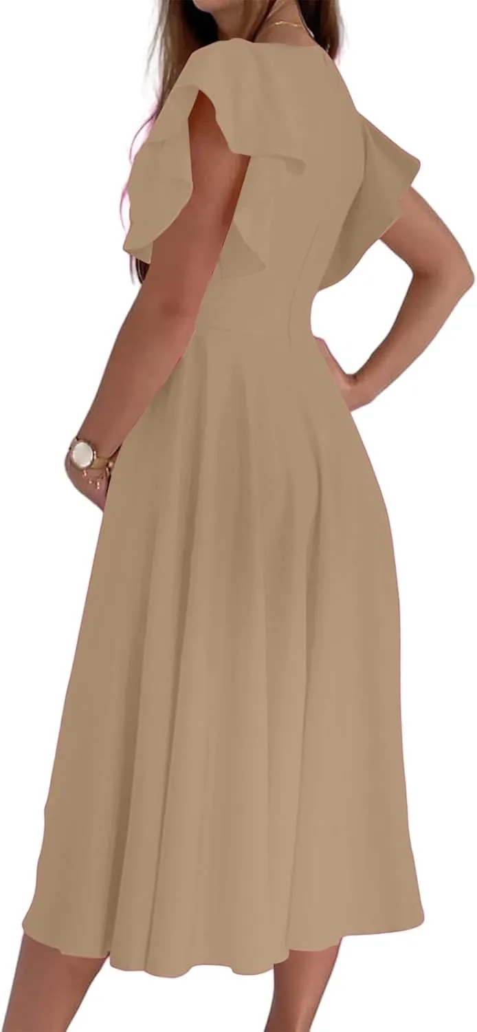 Summer Midi Dresses for Women V Neck Elegant Party Dress Short Sleeve A Line Dress Cocktail Wedding Guest Sundress