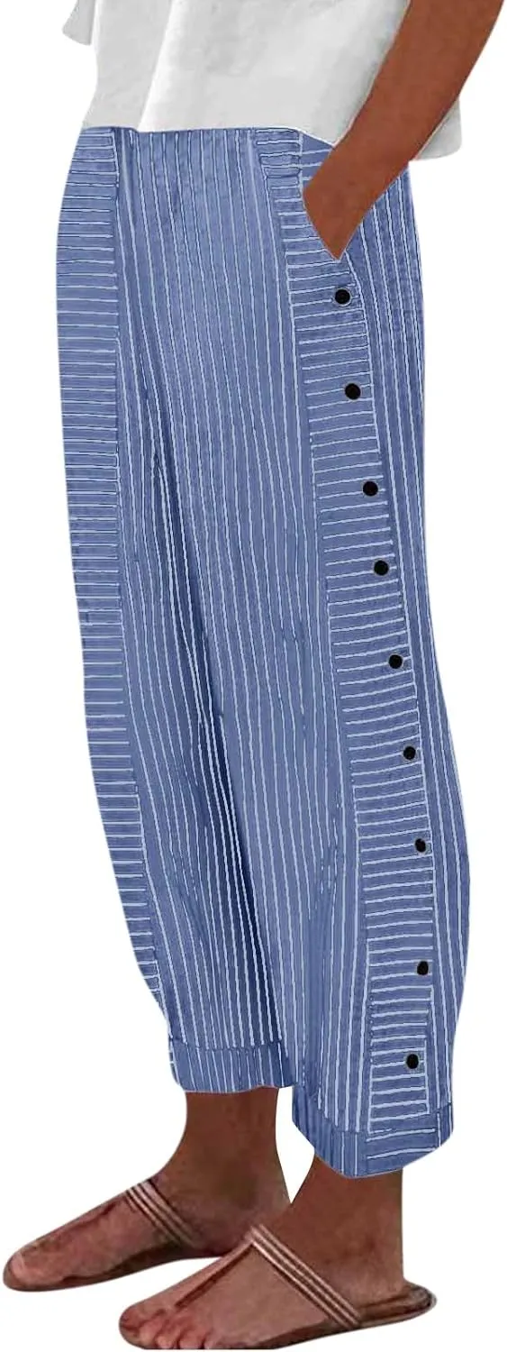 Summer Pants for Women Striped Printed Side Button Pants Baggy Elastic Waist Straight Leg Trousers with Pocket