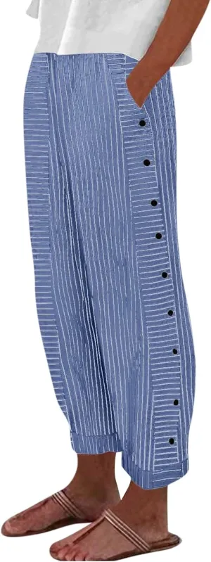 Summer Pants for Women Striped Printed Side Button Pants Baggy Elastic Waist Straight Leg Trousers with Pocket