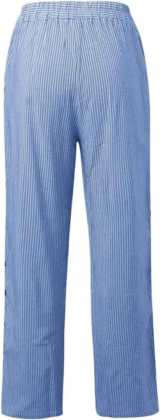 Summer Pants for Women Striped Printed Side Button Pants Baggy Elastic Waist Straight Leg Trousers with Pocket