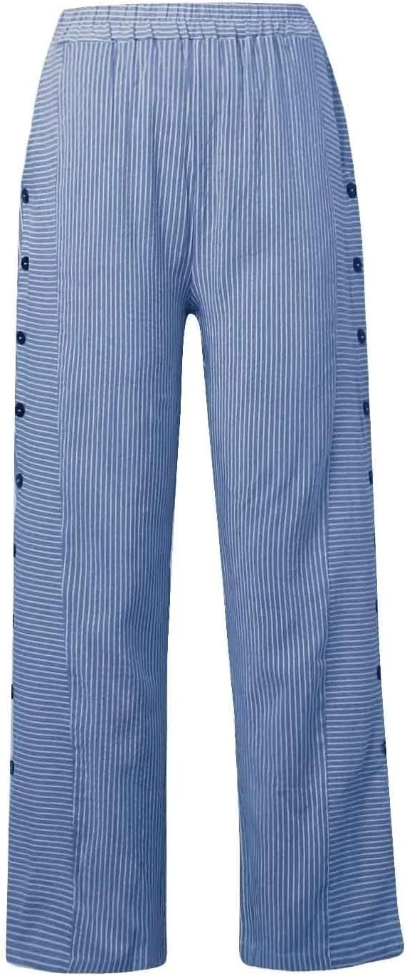 Summer Pants for Women Striped Printed Side Button Pants Baggy Elastic Waist Straight Leg Trousers with Pocket
