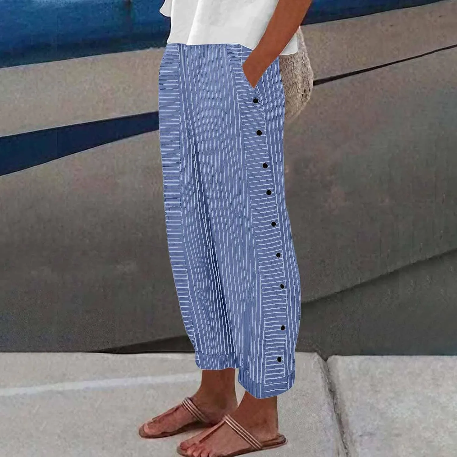 Summer Pants for Women Striped Printed Side Button Pants Baggy Elastic Waist Straight Leg Trousers with Pocket