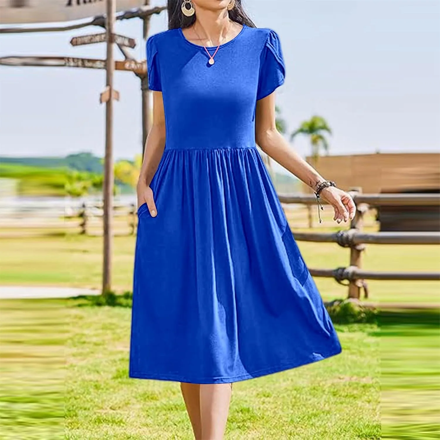 Summer Poplin Dress Women Vintage Pleated Drop Waist Going Out Dresses wtih Sleeves Solid Cruise Outfits for Women 2025