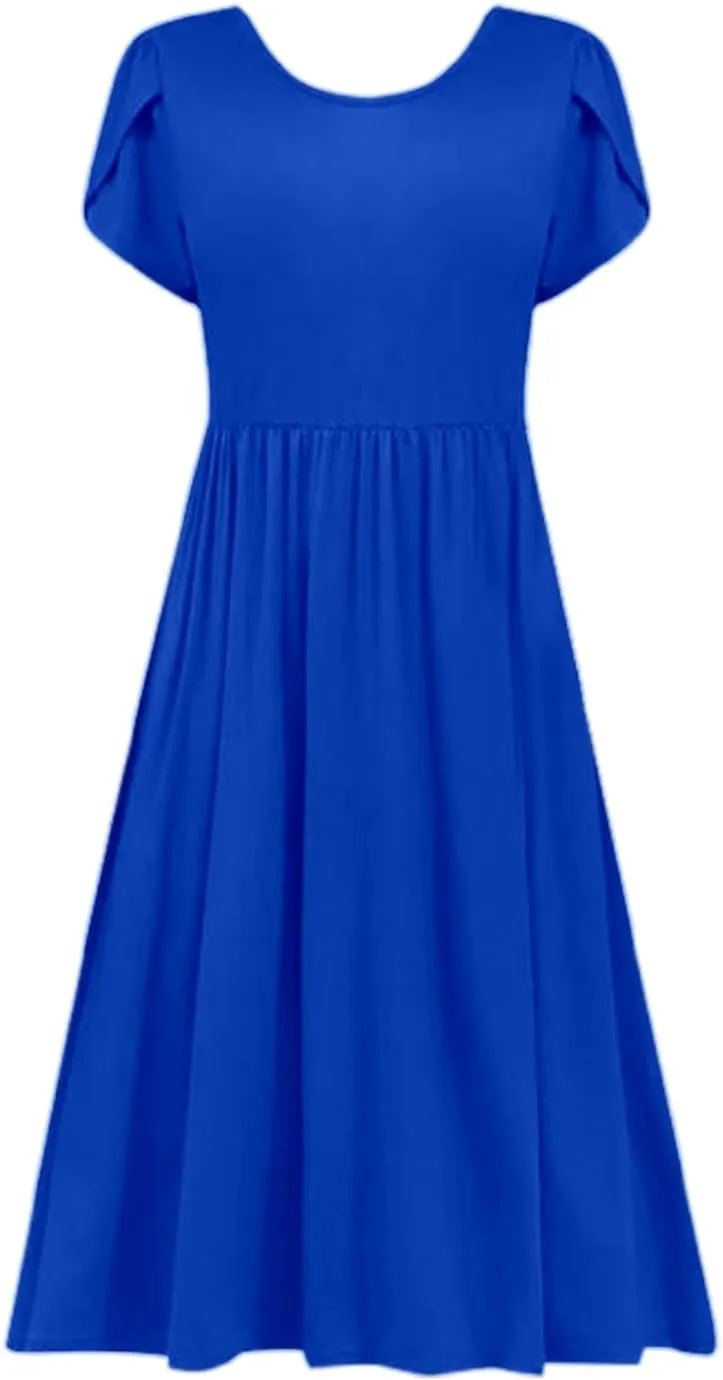 Summer Poplin Dress Women Vintage Pleated Drop Waist Going Out Dresses wtih Sleeves Solid Cruise Outfits for Women 2025