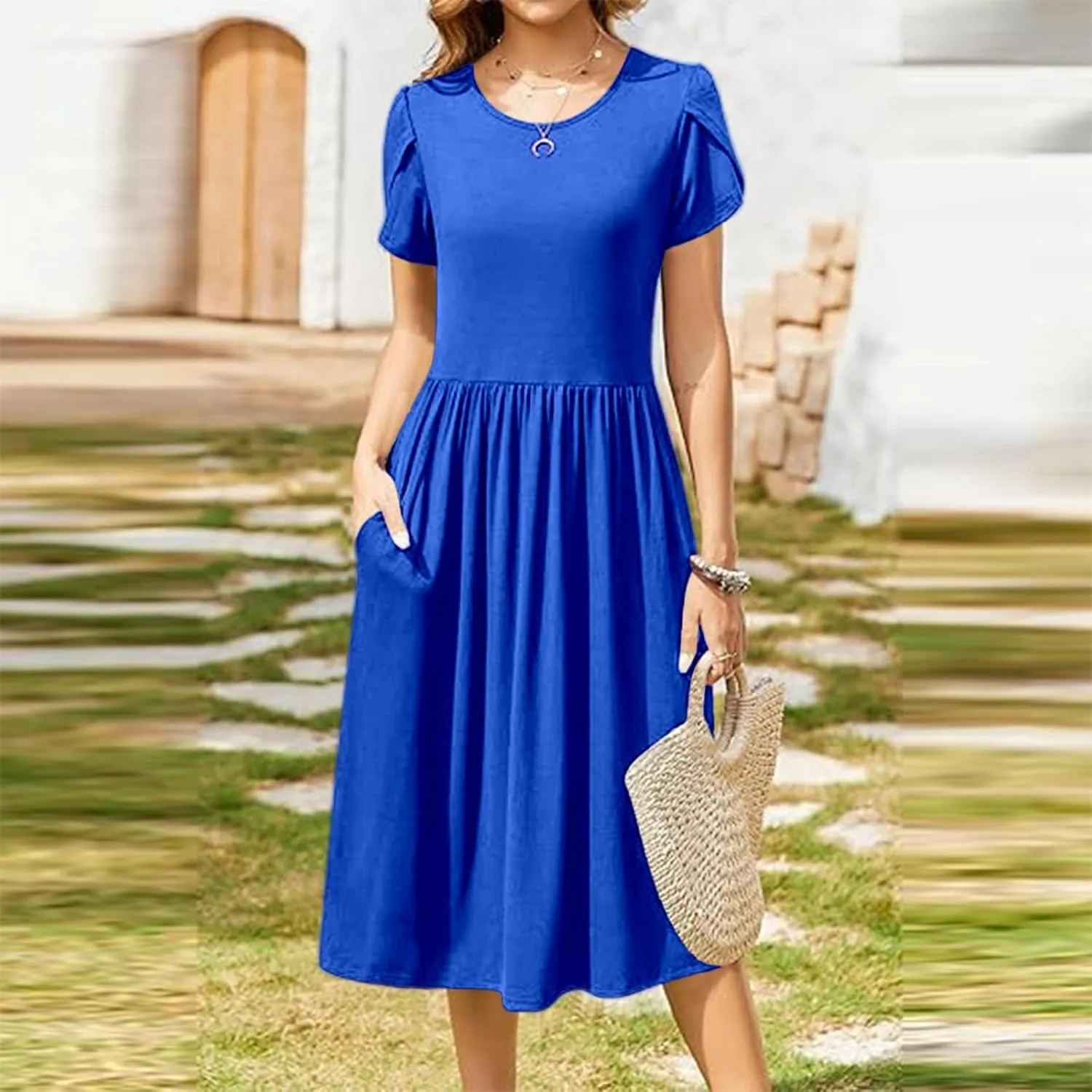 Summer Poplin Dress Women Vintage Pleated Drop Waist Going Out Dresses wtih Sleeves Solid Cruise Outfits for Women 2025