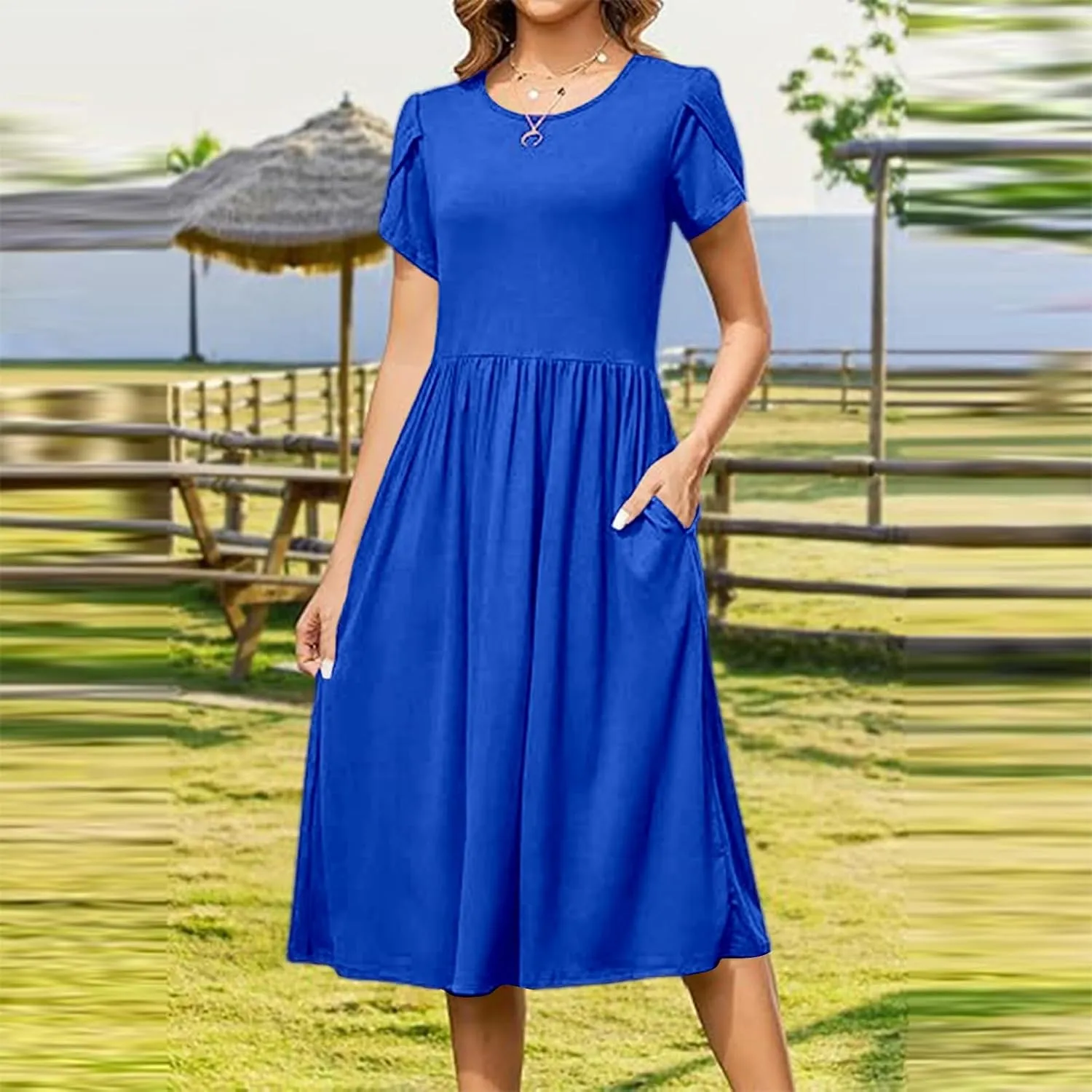 Summer Poplin Dress Women Vintage Pleated Drop Waist Going Out Dresses wtih Sleeves Solid Cruise Outfits for Women 2025
