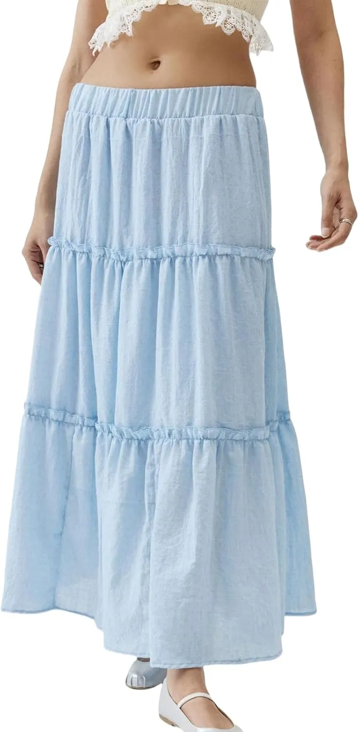 Summer Ruffle Skirt Women Tiered Long Skirts High Waisted Ruffle Solid Color Party Dresses