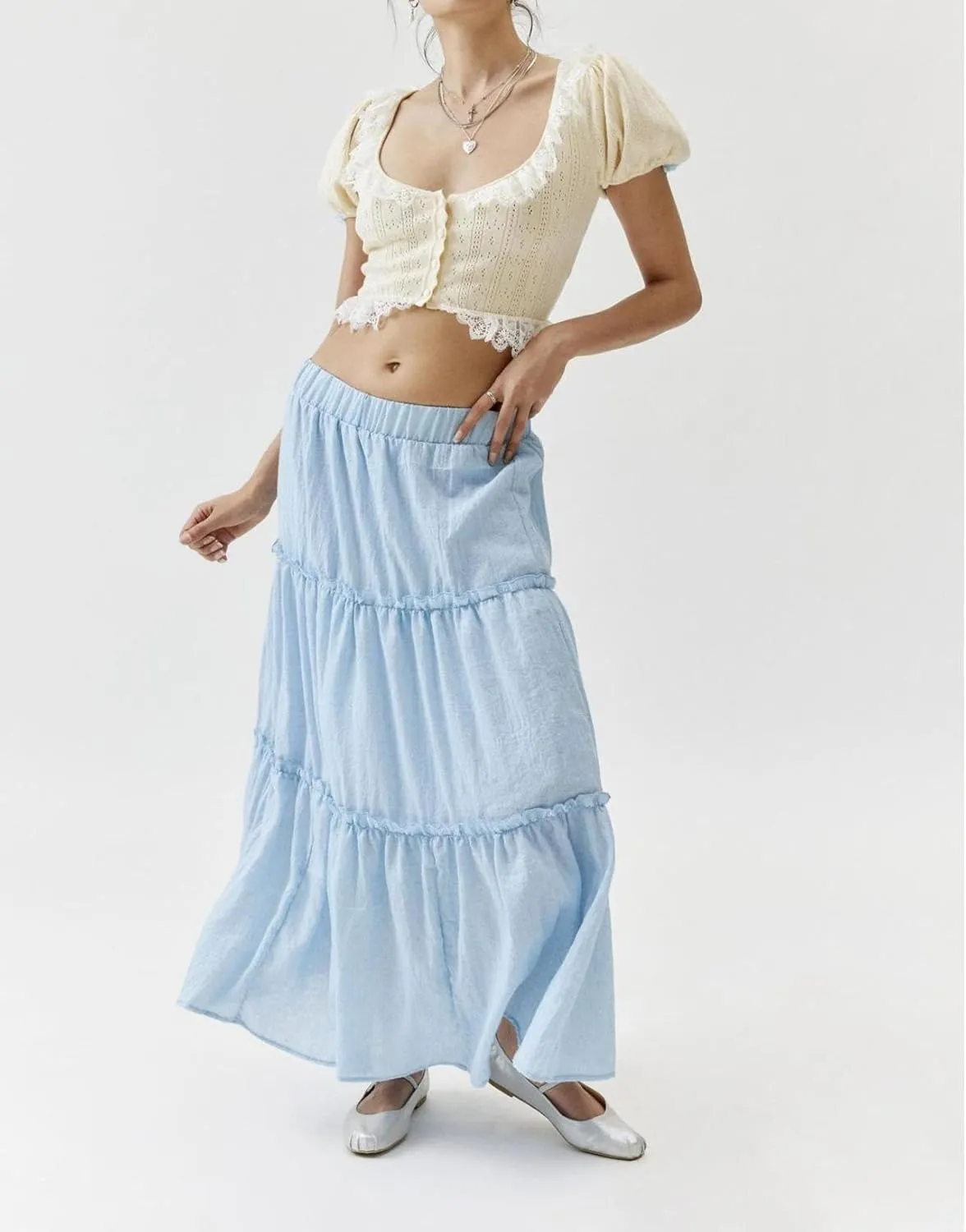 Summer Ruffle Skirt Women Tiered Long Skirts High Waisted Ruffle Solid Color Party Dresses