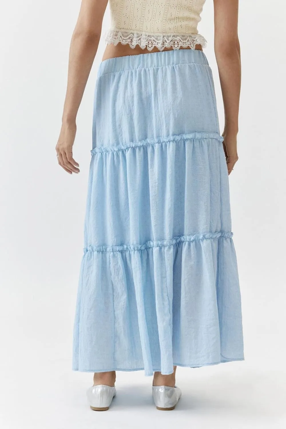 Summer Ruffle Skirt Women Tiered Long Skirts High Waisted Ruffle Solid Color Party Dresses