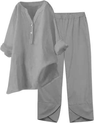 Summer Sets Women 2 Piece Outfits Elegant Pants Sets Dressy Crewneck Beach Long Sleeve Wide Leg Linen Lounge Sets