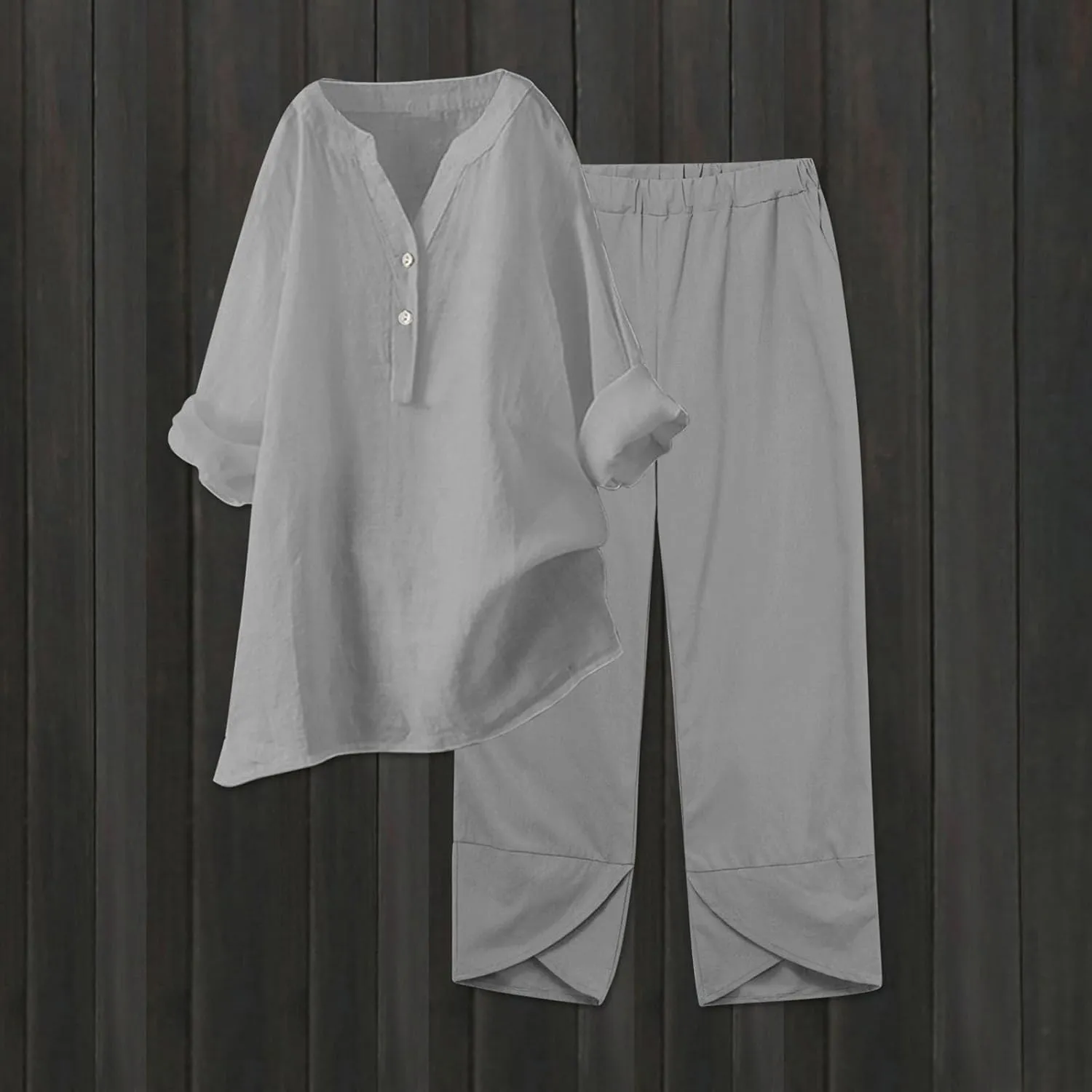 Summer Sets Women 2 Piece Outfits Elegant Pants Sets Dressy Crewneck Beach Long Sleeve Wide Leg Linen Lounge Sets