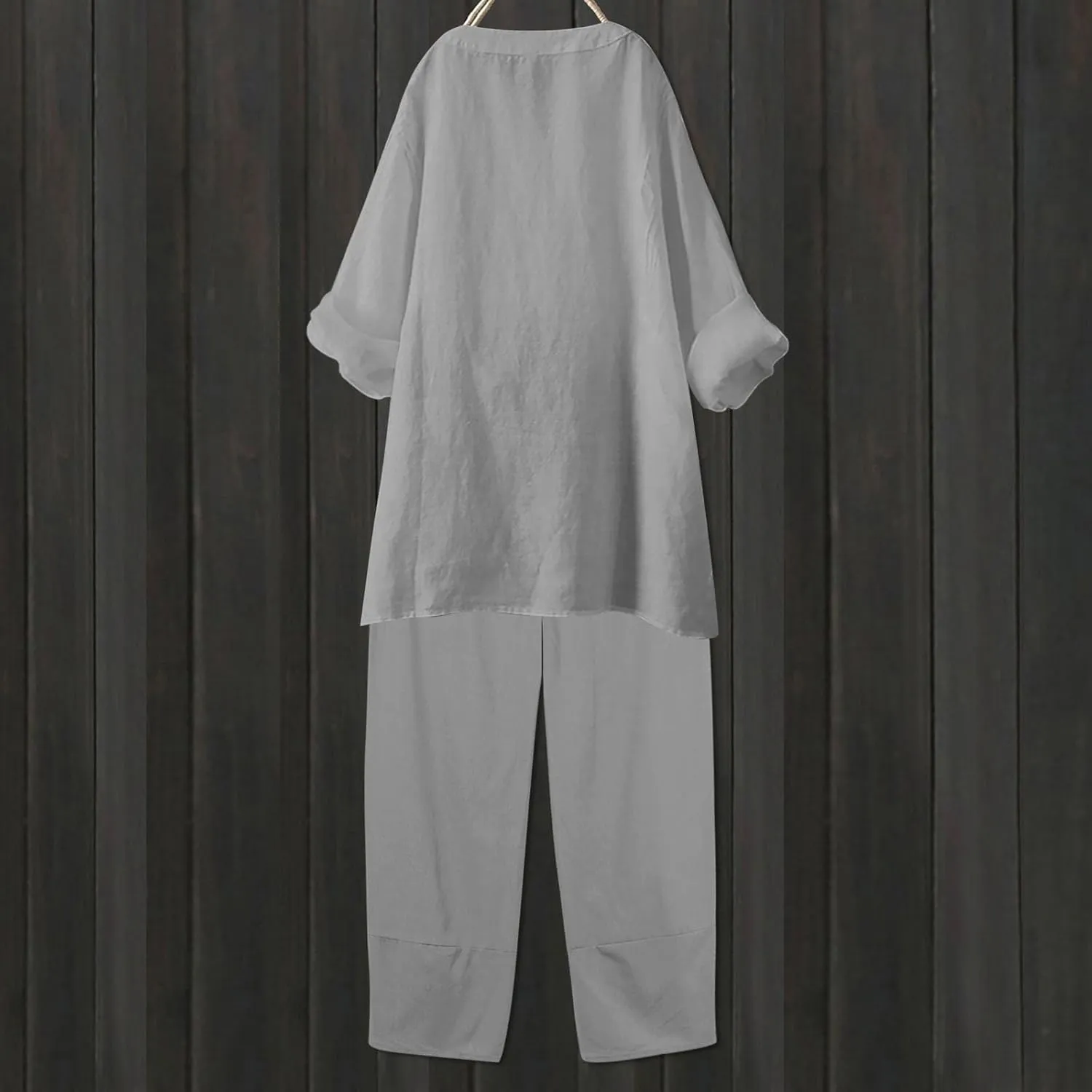 Summer Sets Women 2 Piece Outfits Elegant Pants Sets Dressy Crewneck Beach Long Sleeve Wide Leg Linen Lounge Sets