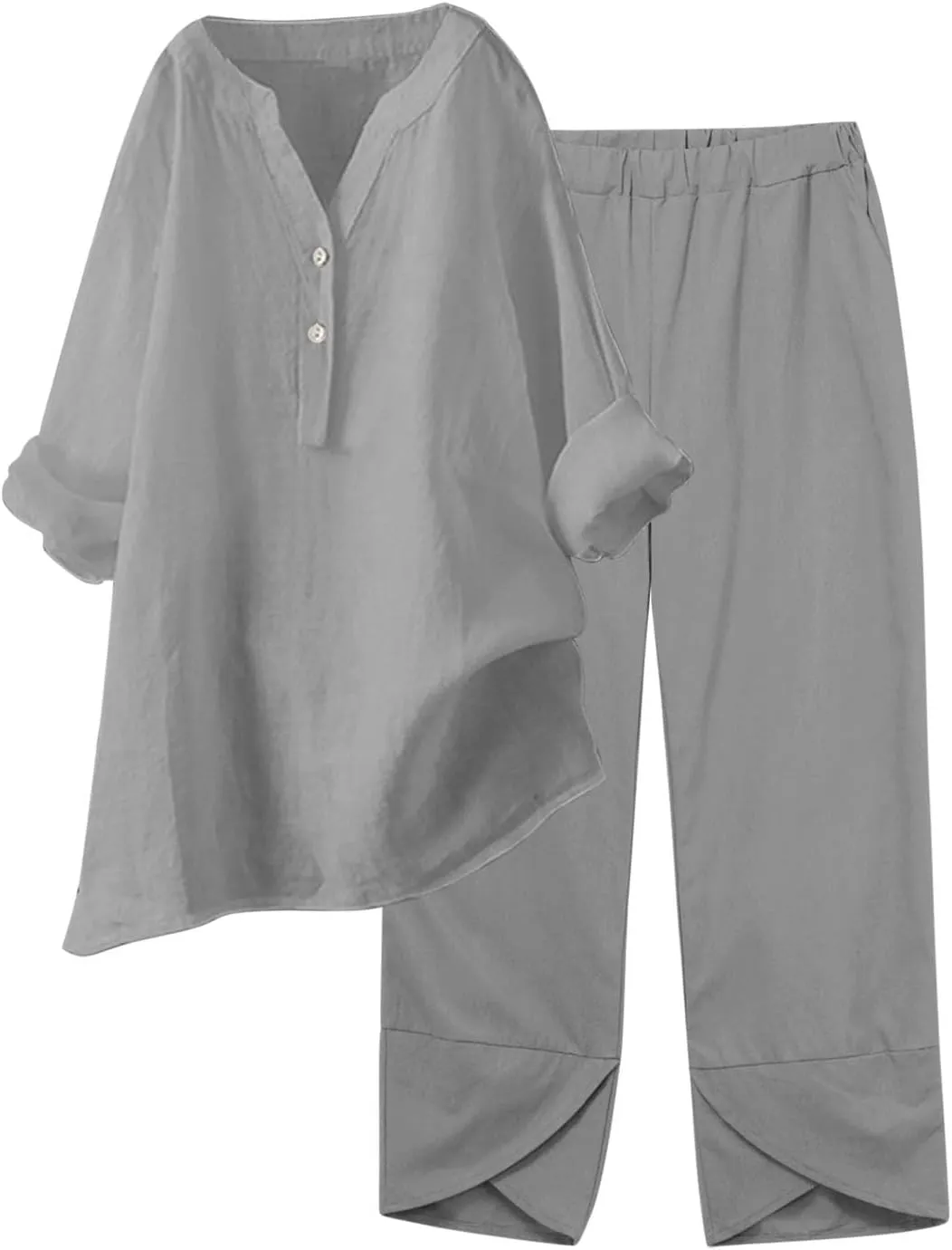 Summer Sets Women 2 Piece Outfits Elegant Pants Sets Dressy Crewneck Beach Long Sleeve Wide Leg Linen Lounge Sets