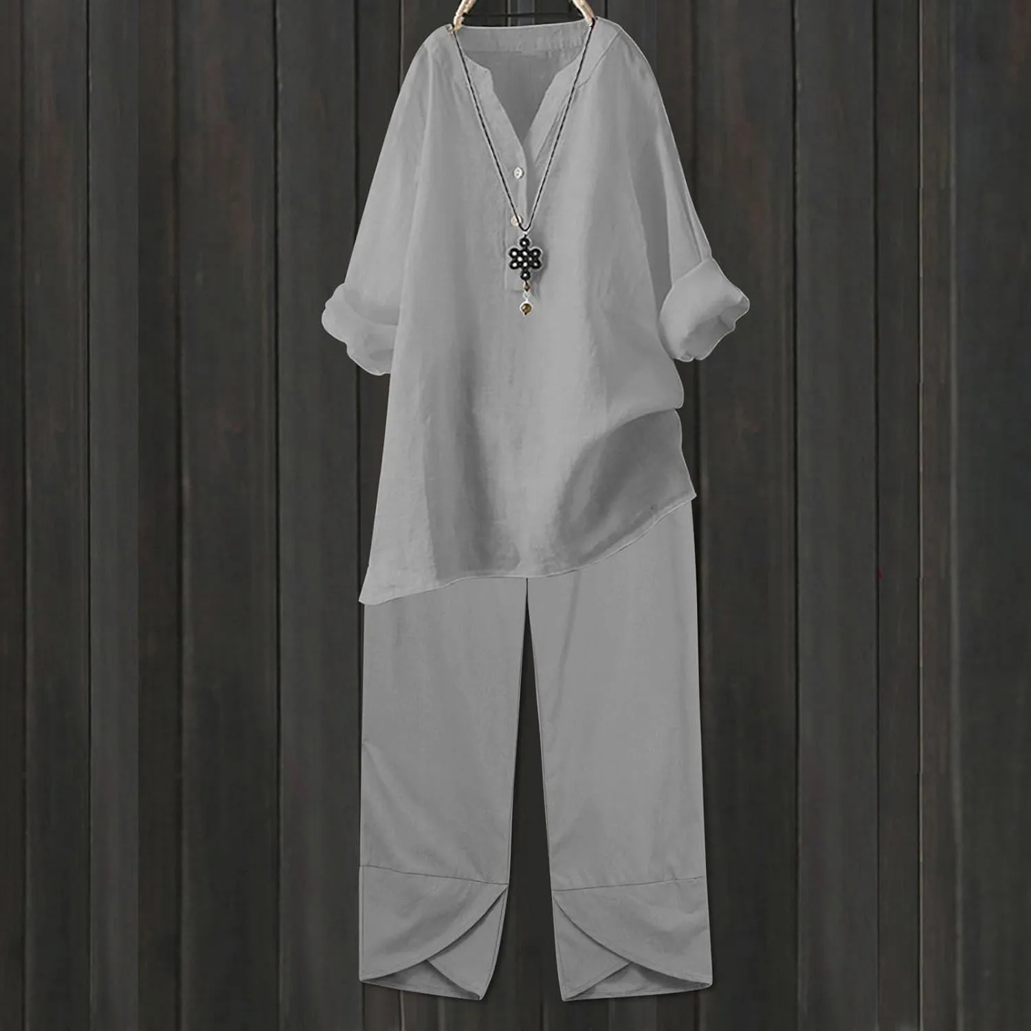 Summer Sets Women 2 Piece Outfits Elegant Pants Sets Dressy Crewneck Beach Long Sleeve Wide Leg Linen Lounge Sets