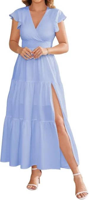 Summer Split Tiered Dress - A-Line Flowy Tiered Maxi Dress : 2025 Causal Wrap V Neck Beach Sundress
