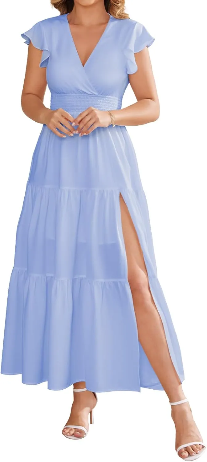 Summer Split Tiered Dress - A-Line Flowy Tiered Maxi Dress : 2025 Causal Wrap V Neck Beach Sundress