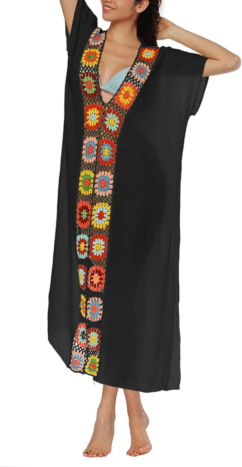 Summer Women Kaftan Dress Swimsuit Cover Up Caftan Split Maxi Swimwear Beach Dresses Deep V Neck Crochet Bathing Suit