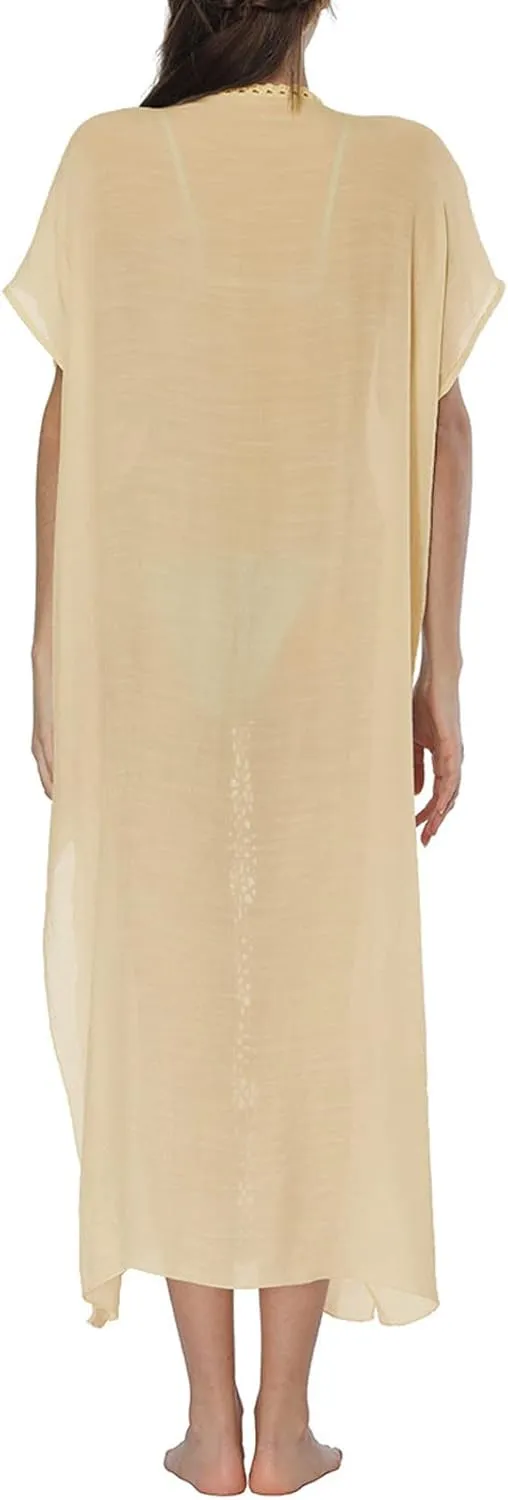 Summer Women Kaftan Dress Swimsuit Cover Up Caftan Split Maxi Swimwear Beach Dresses Deep V Neck Crochet Bathing Suit