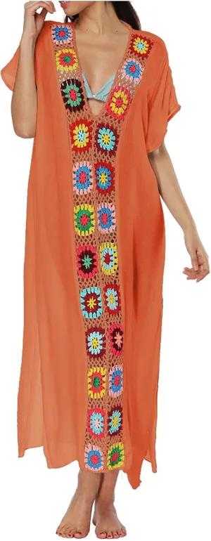 Summer Women Kaftan Dress Swimsuit Cover Up Caftan Split Maxi Swimwear Beach Dresses Deep V Neck Crochet Bathing Suit