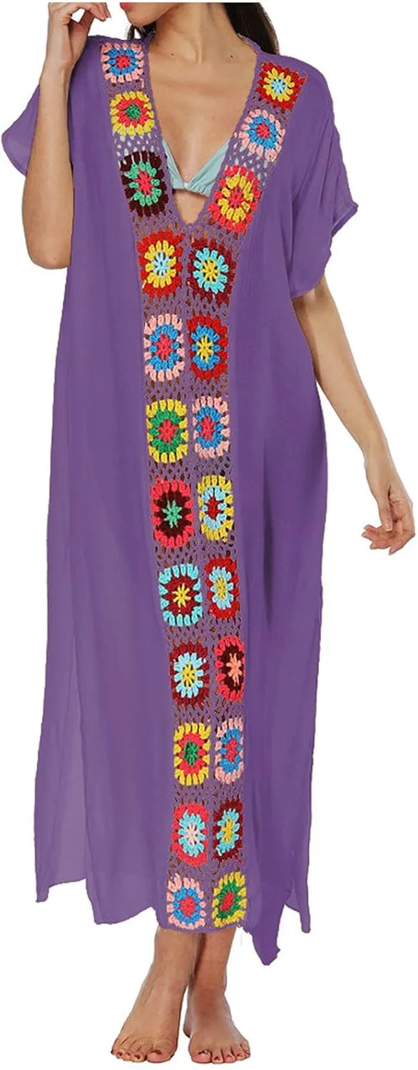 Summer Women Kaftan Dress Swimsuit Cover Up Caftan Split Maxi Swimwear Beach Dresses Deep V Neck Crochet Bathing Suit