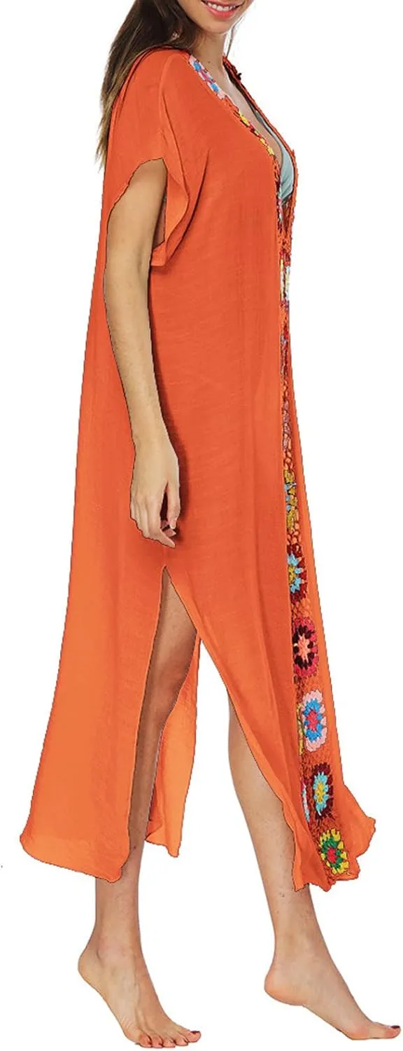 Summer Women Kaftan Dress Swimsuit Cover Up Caftan Split Maxi Swimwear Beach Dresses Deep V Neck Crochet Bathing Suit