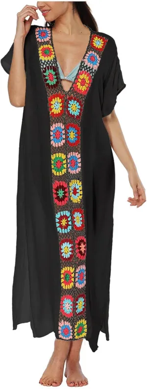 Summer Women Kaftan Dress Swimsuit Cover Up Caftan Split Maxi Swimwear Beach Dresses Deep V Neck Crochet Bathing Suit